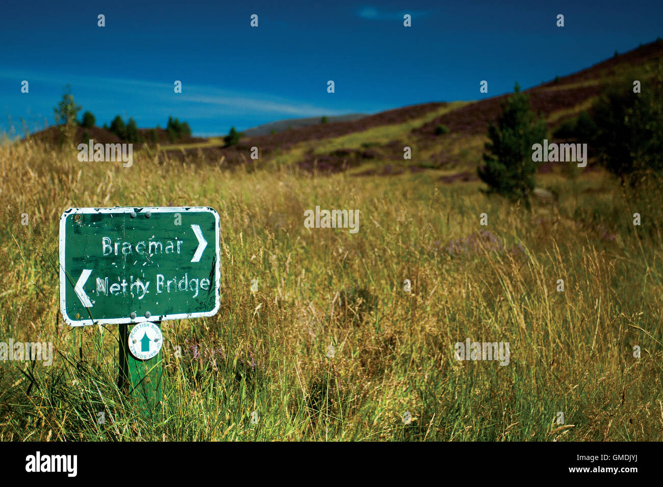 Scottish Rights of Way Braemar to Nethy Bridge Sign, Glen More, Aviemore, Cairngorm National Park, Highland Stock Photo