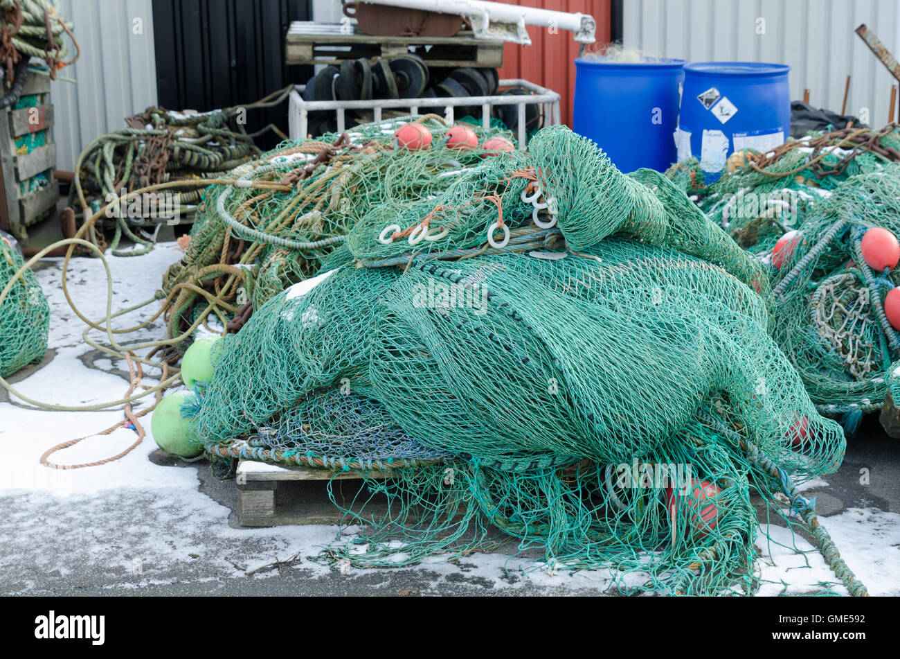 professional fishing net in the harbour ready to go out with the boat and catch the fish Stock Photo
