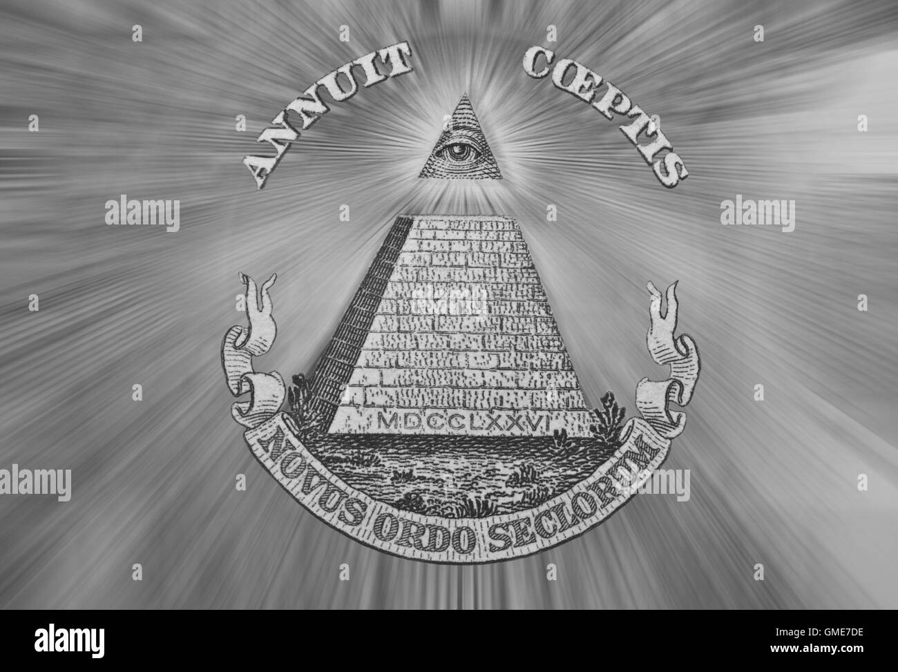 Dollar USA. Element of the image of United States one-dollar bill, pyramid, Eye of Providence, Beams from Eye every which way. Stock Photo