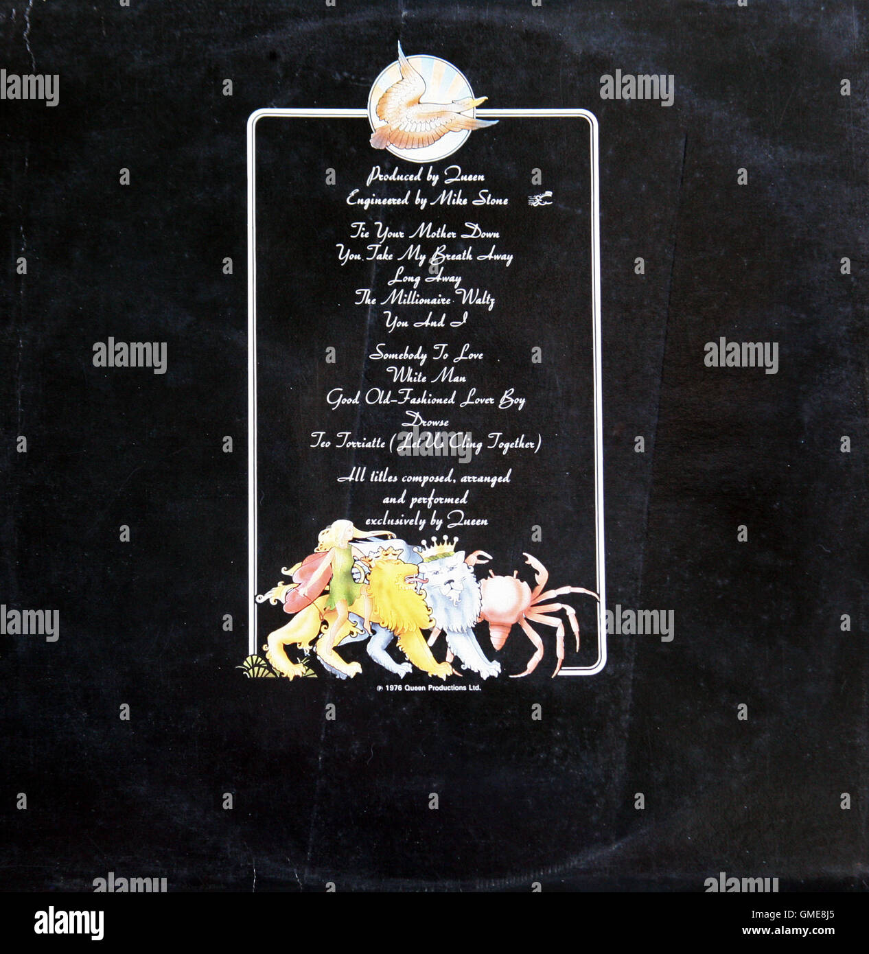 Queen: A Day At The Races, 1976., LP back side Stock Photo