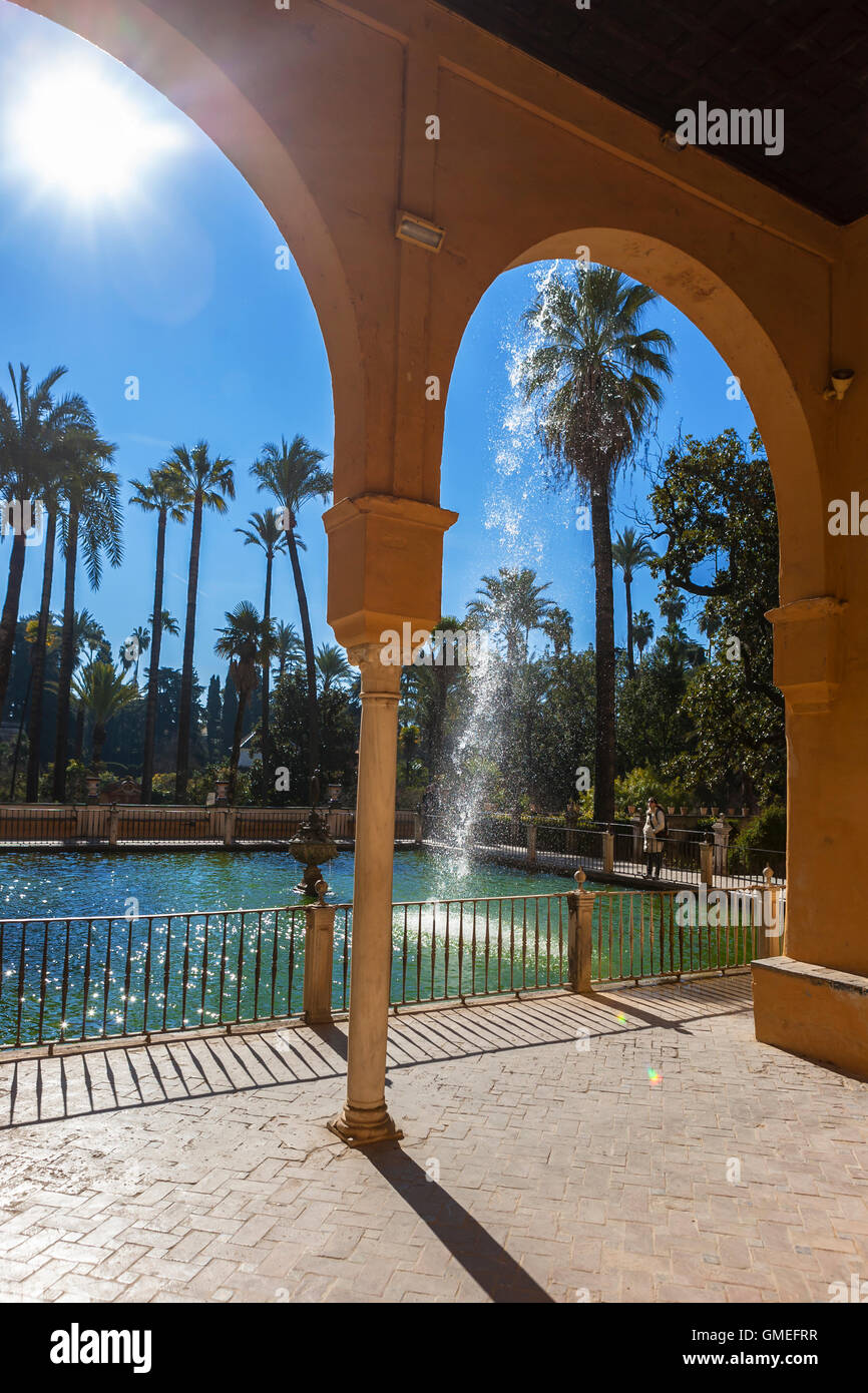 Estanque de Mercurio (Mercury's Pool), and the Jardín de las Damas beyond, Real Alcázar Gardens, Sevilla, Andalusia, Spain Stock Photo