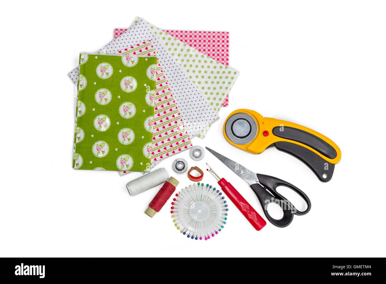 Composition of patchwork instruments, items and fabrics Stock Photo - Alamy