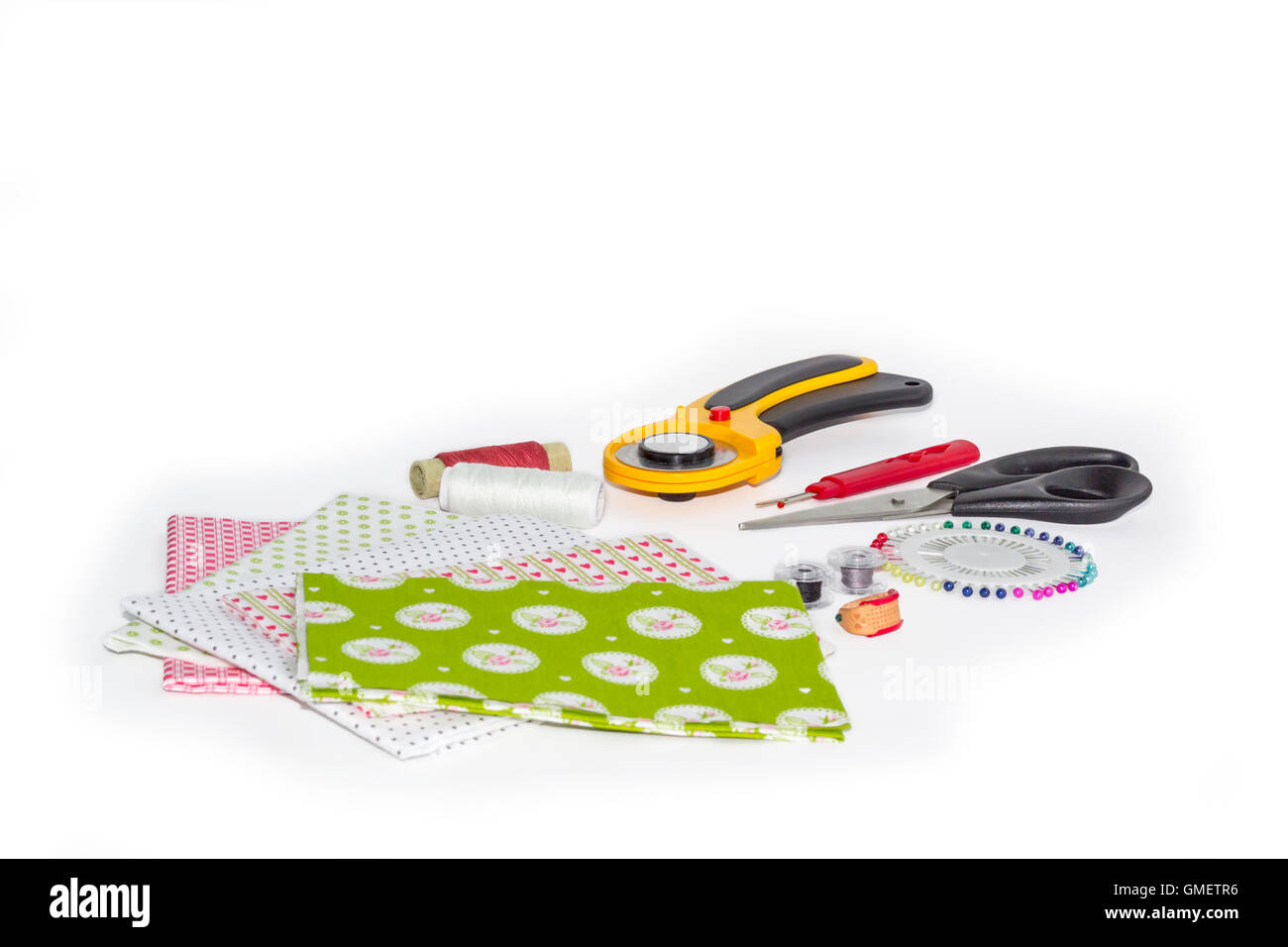 Composition of instruments, items and fabrics for patchwork Stock Photo ...