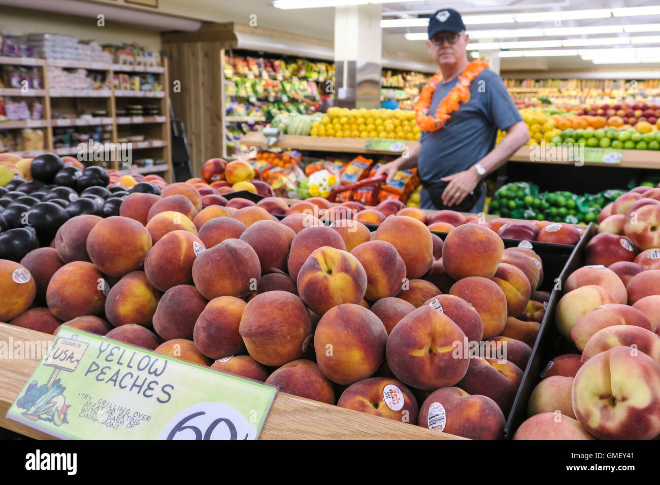 fresh Peaches, Produce Area, Trader Joe's Specialty Grocery Store, NYC Stock Photo