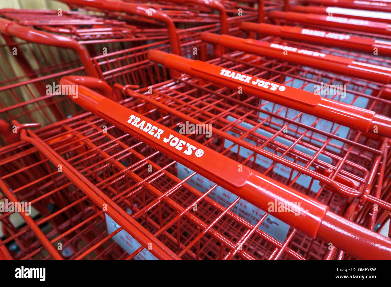 Row of shopping Carts, Trader Joe's Specialty Grocery Store, NYC Stock Photo