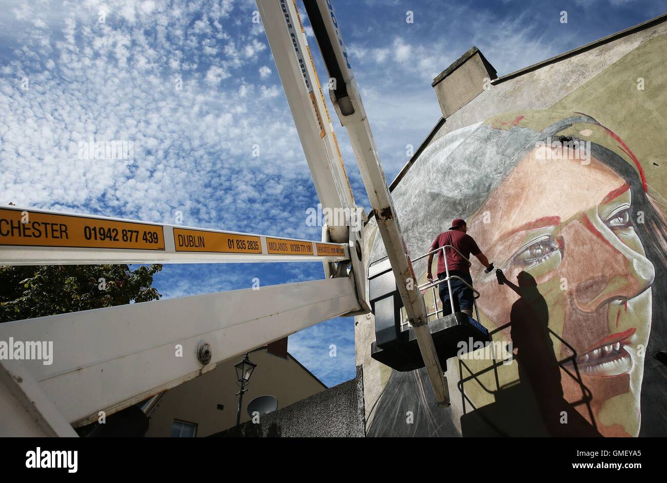 Australian artist Smug One works on a mural on Barrack street , which forms part of the Waterford Walls graffiti and street art festival taking place between 25 and 28 August in Waterford city, Ireland. Stock Photo
