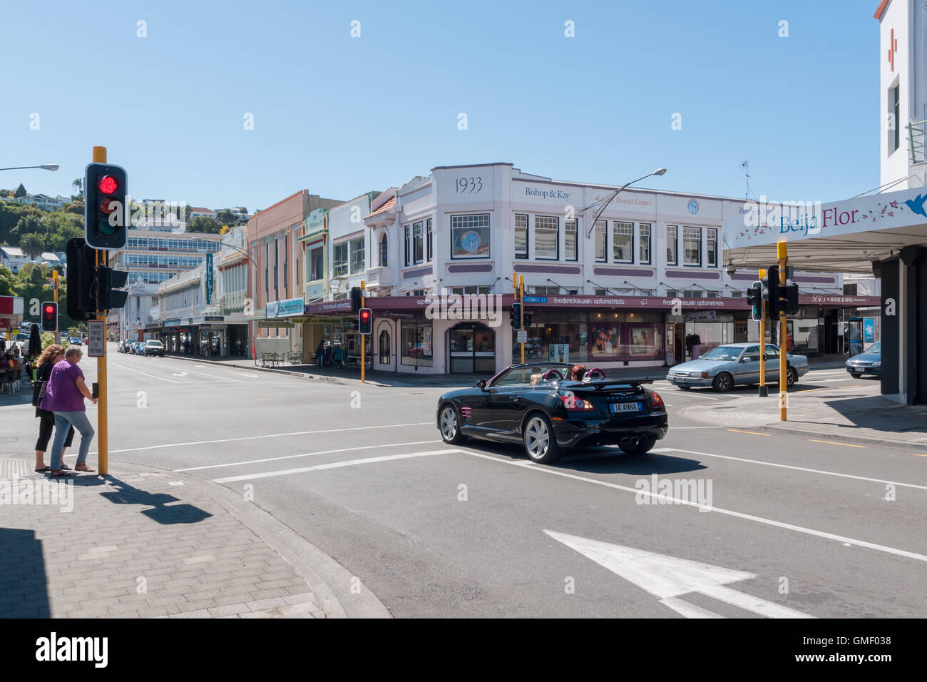 Corner of Hastings Street and Tennyson Street shopping area in the Art Deco City of Napier New Zealand Stock Photo