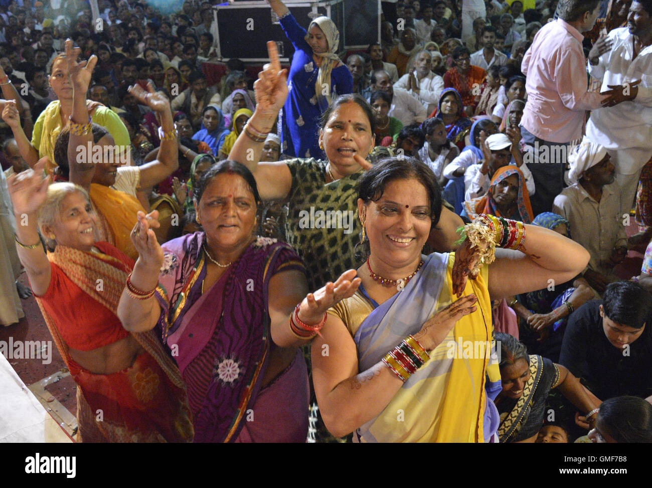 Mathura, Indian state of Uttar Pradesh. 25th Aug, 2016. Hindu devotees attend a celebration of Krishna Janmashtami festival, which marks the birthday of Hindu Lord Krishna, at the legendary birth place of Lord Krishna in Mathura, northern Indian state of Uttar Pradesh, Aug. 25, 2016. © Stringer/Xinhua/Alamy Live News Stock Photo