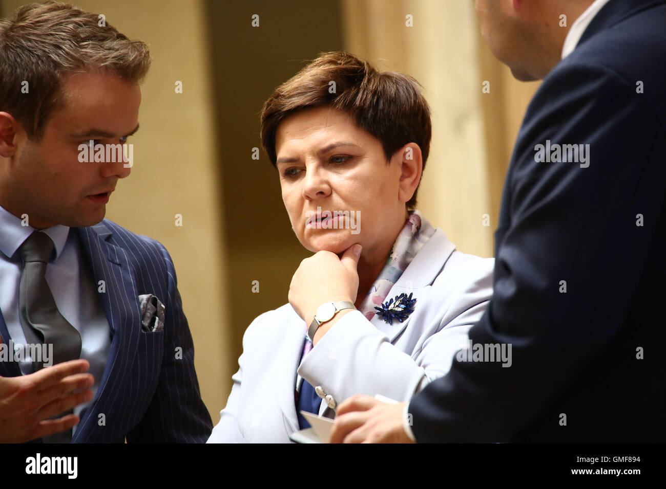Warsaw, Poland. 26th August, 2016. Polish Prime Minister Beata Szydlo held official meeting with the German Chancellor Angela Merkel and the Visegrad Group. Primer of Hungary Viktor Orban, Czech Primer Bohuslav Sobotka and Slovakian Prime Minister Robert Fico took part in talkings. Credit:  Jake Ratz/Alamy Live News Stock Photo