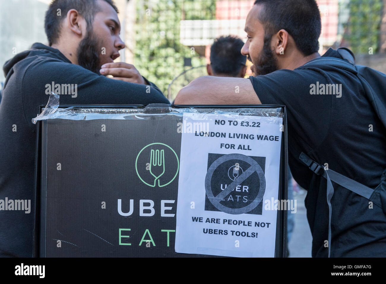 London, UK. 26 August 2016. Uber Eats delivery drivers protest and