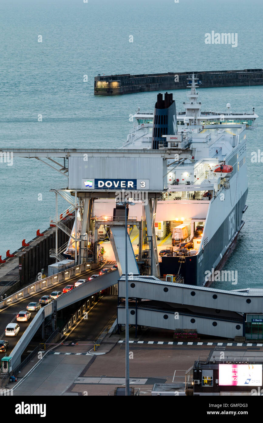 England, Dover, port. DFDS cross channel Car Ferry, docked and loading