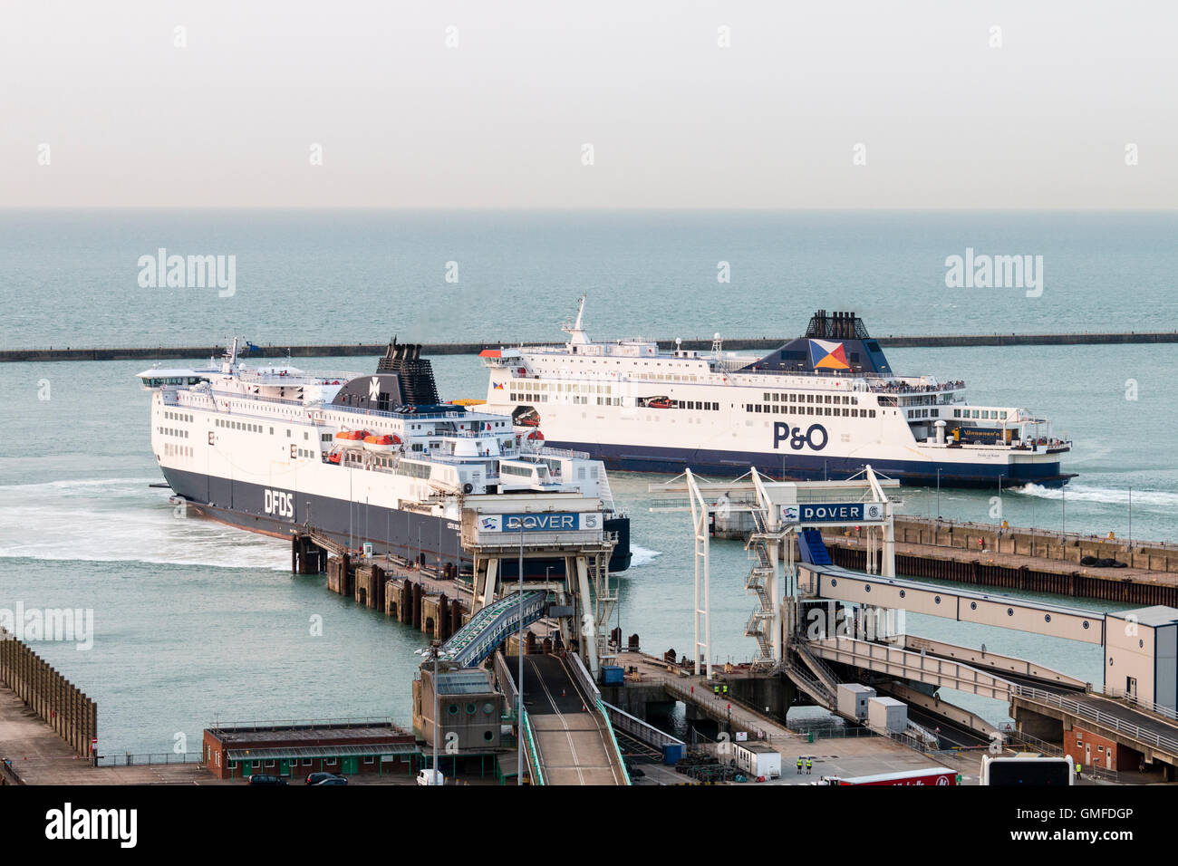 England, Dover, port. Two Car Ferries, one, DFDS docking at Dover Ferry