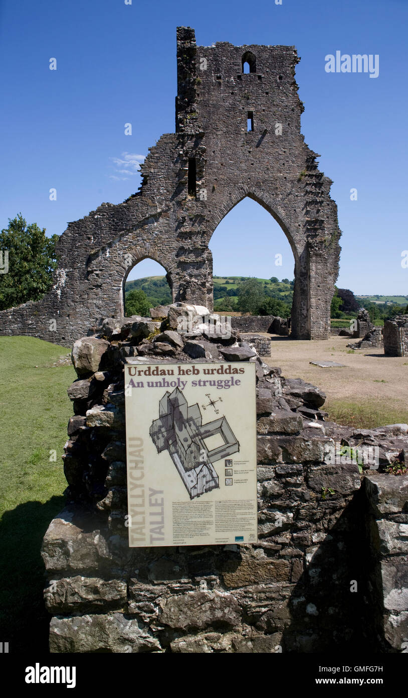 Talley Abbey with explanatory notice Stock Photo