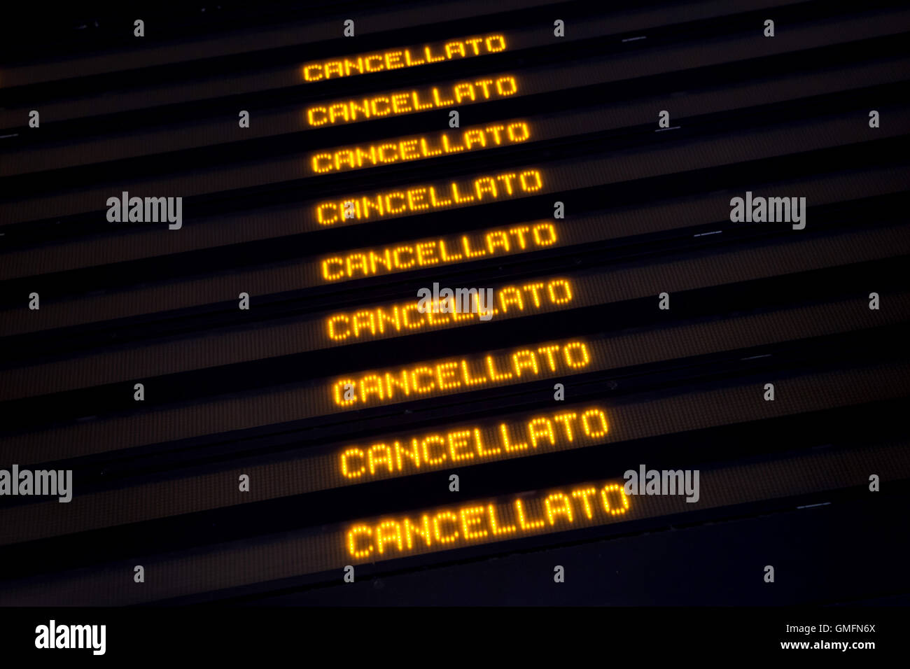 Timetable shows cancelled trains at the Milano Porta Garibaldi railway station in Milan, Lombardy, Italy, during the one-day rail strike in Northern Italy on November 6, 2015. Stock Photo