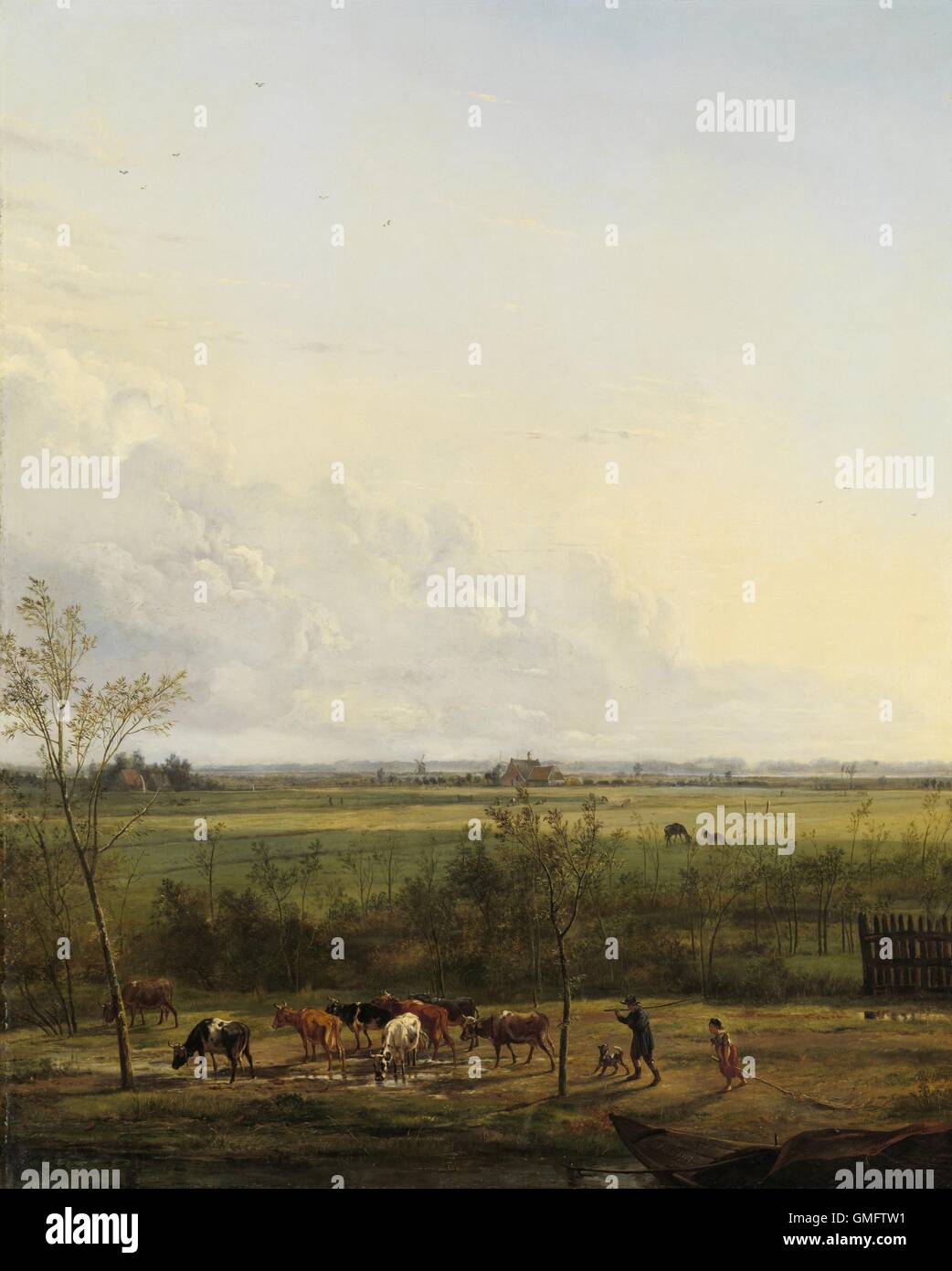 Distant View of the Meadows at ’s-Graveland, by Pieter Gerardus van Os, 1817, Dutch oil painting on canvas. This unstylized landscape anticipates the 19th century realist school that emerged in the 1840s. (BSLOC 2016 1 163) Stock Photo