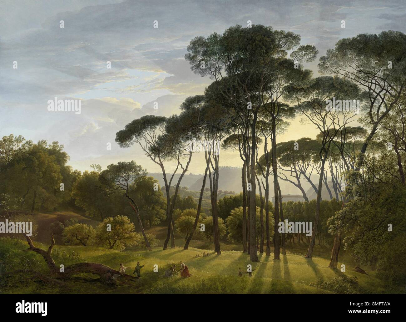 Italian Landscape with Umbrella Pines, by Hendrik Voogd, 1805, Dutch painting, oil on canvas. The sun casts long shadows, and the trees stand out sharply against the sky in the Gardens of the Villa Borghese in Rome. Strolling figures and a working artist are in the foreground. (BSLOC 2016 1 165) Stock Photo