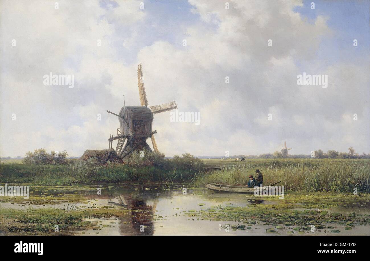 The Gein River, near Abcoude, by Willem Roelofs 1st, 1870-97, Dutch painting, oil on canvas. Two men fishing from a small boat near an old windmill, with luminous sky over fields stretching to the horizon. (BSLOC 2016 1 185) Stock Photo