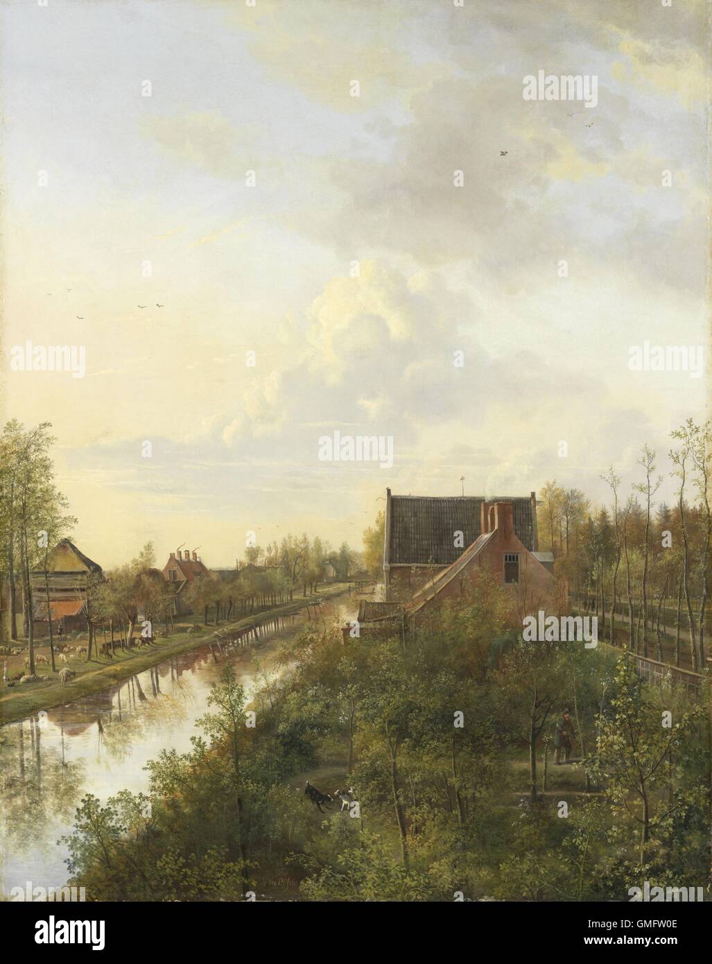 The Canal at ’s-Graveland, by Pieter Gerardus van Os, 1818, Dutch painting, oil on canvas. Van Os painted this scene from a window in a multi-storied tall building. From the high point he developed a highly detailed painting of the Dutch village. (BSLOC 2016 1 197) Stock Photo