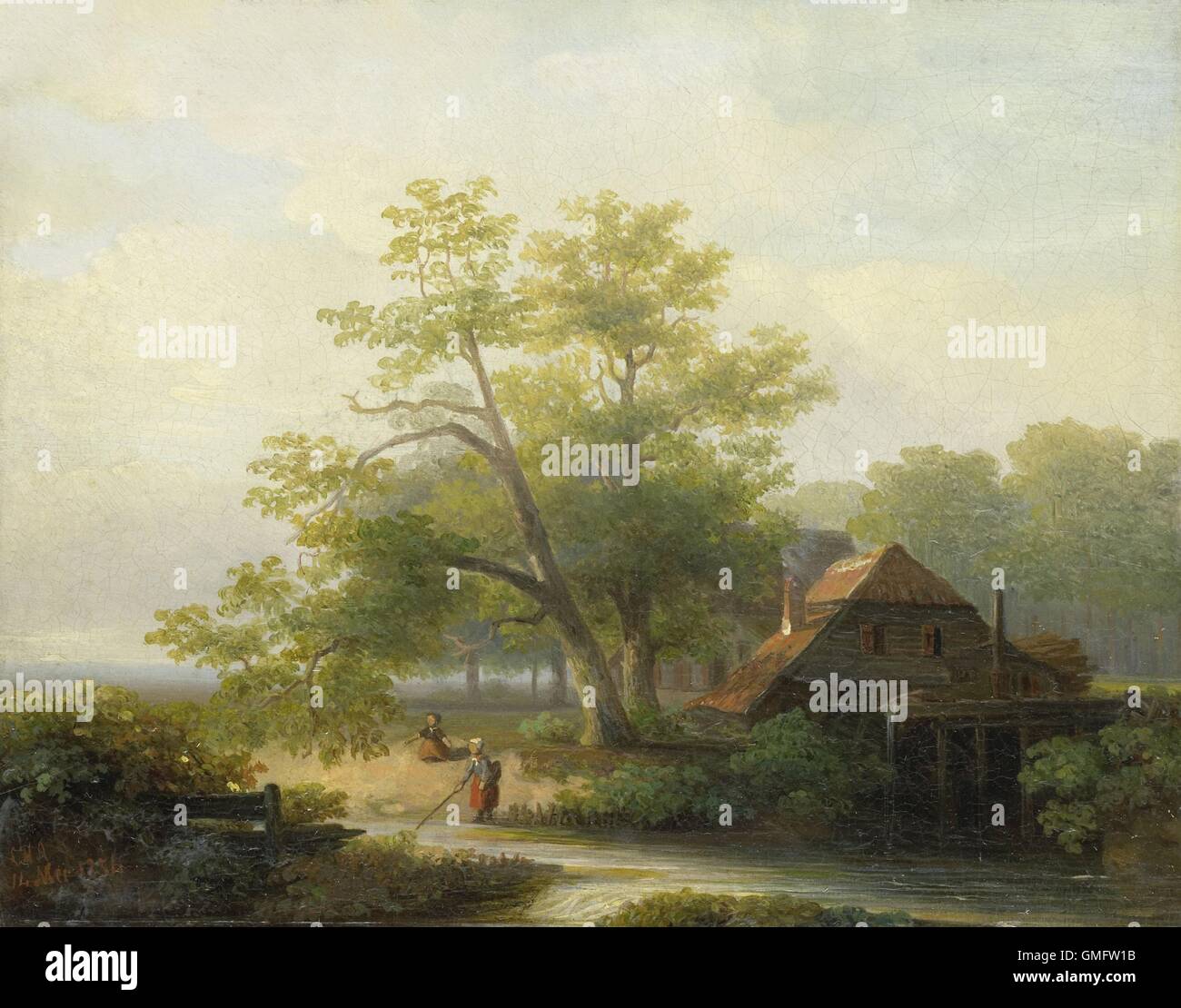 A Watermill in a Woody Landscape, by Lodewijk Hendrik Arends, 1854, Dutch oil painting on panel. One girl fishes in the stream as another sits nearby. (BSLOC 2016 1 200) Stock Photo