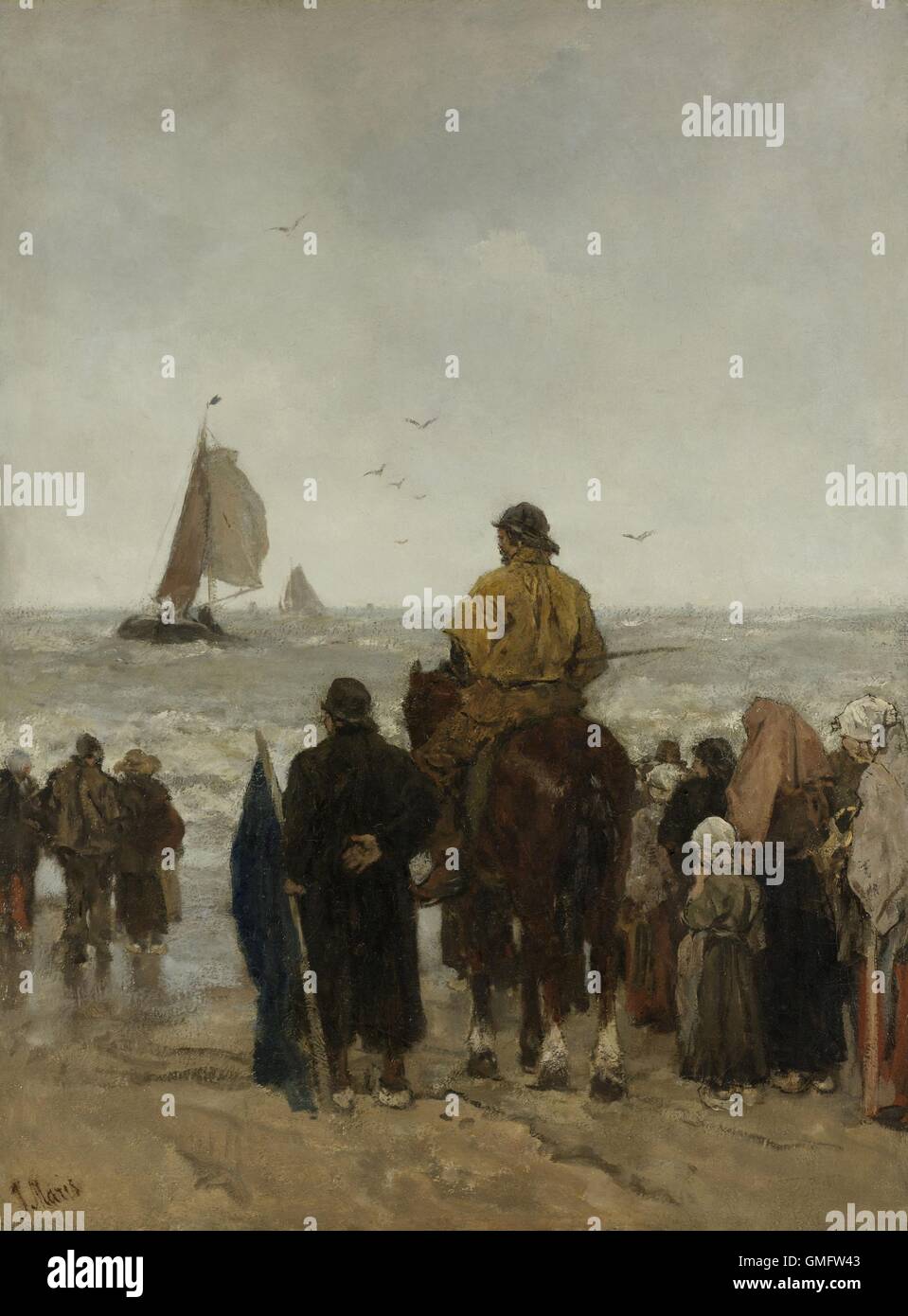 Arrival of the Boats, by Jacob Maris, 1884, Dutch painting, oil on canvas. At Scheveningen, beach at The Hague, the horse would Stock Photo