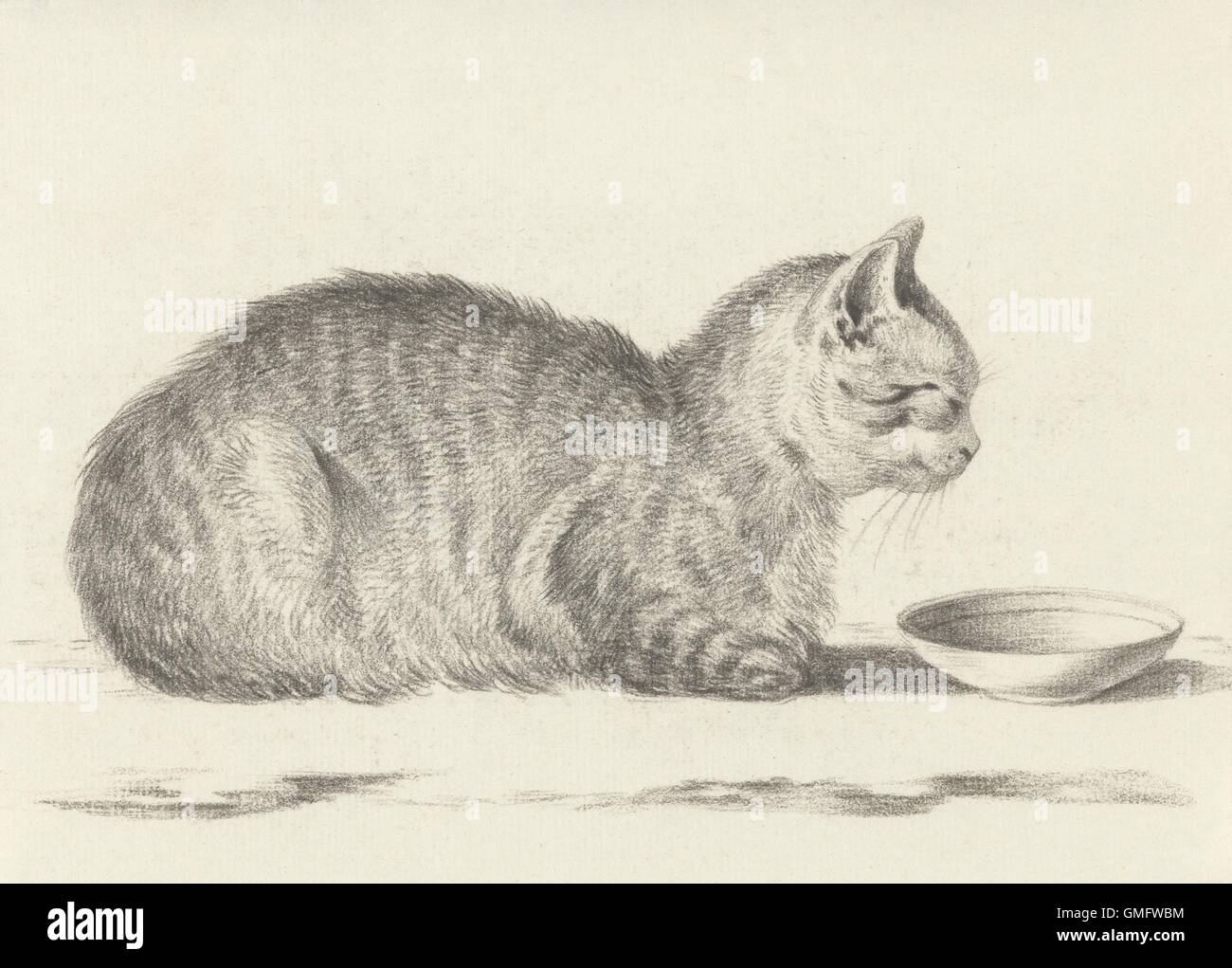 Lying Cat, Facing Right, by a Dish, by Jean Bernard, 1812, Dutch chalk drawing. (BSLOC 2016 1 271) Stock Photo