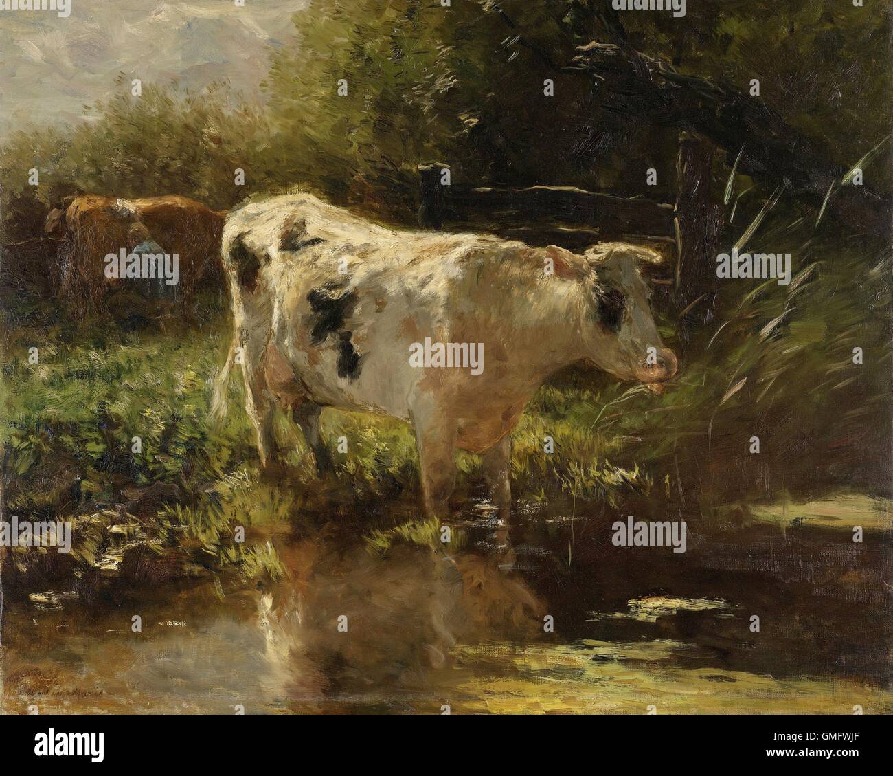 Cow Beside a Ditch, by Willem Maris, c. 1885-95, Dutch painting, oil on canvas. In the background, a farmer milks a cow in the field. (BSLOC 2016 1 308) Stock Photo