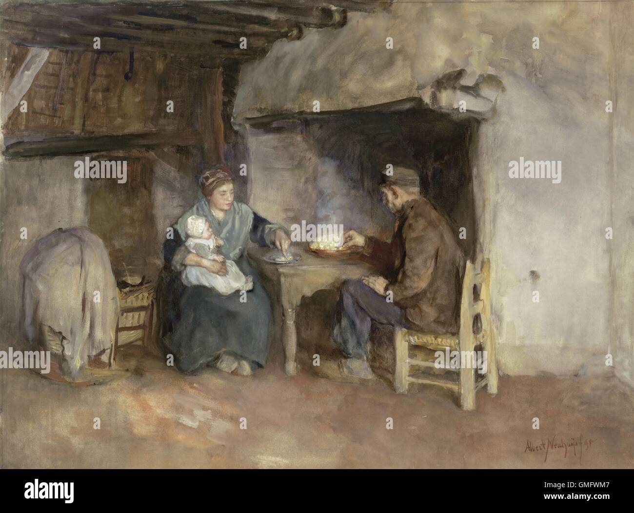 Lunch in a Farmer's Family, by Albert Neuhuys, 1895. Dutch watercolor painting. Wife, baby and father at midday meal of steaming potatoes. (BSLOC 2016 1 44) Stock Photo