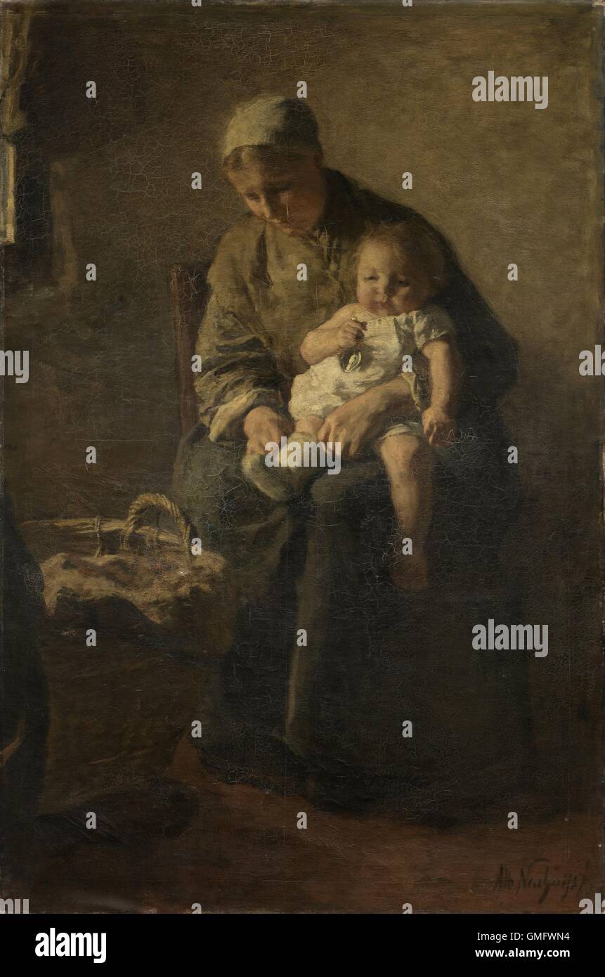 Mother with her Child, by Albert Neuhuys, c. 1880-99. Dutch painting, oil on canvas. A mother sits on a chair with her baby on her lap as she pulls on its stocking. At left is a basket of laundry. (BSLOC 2016 1 53) Stock Photo
