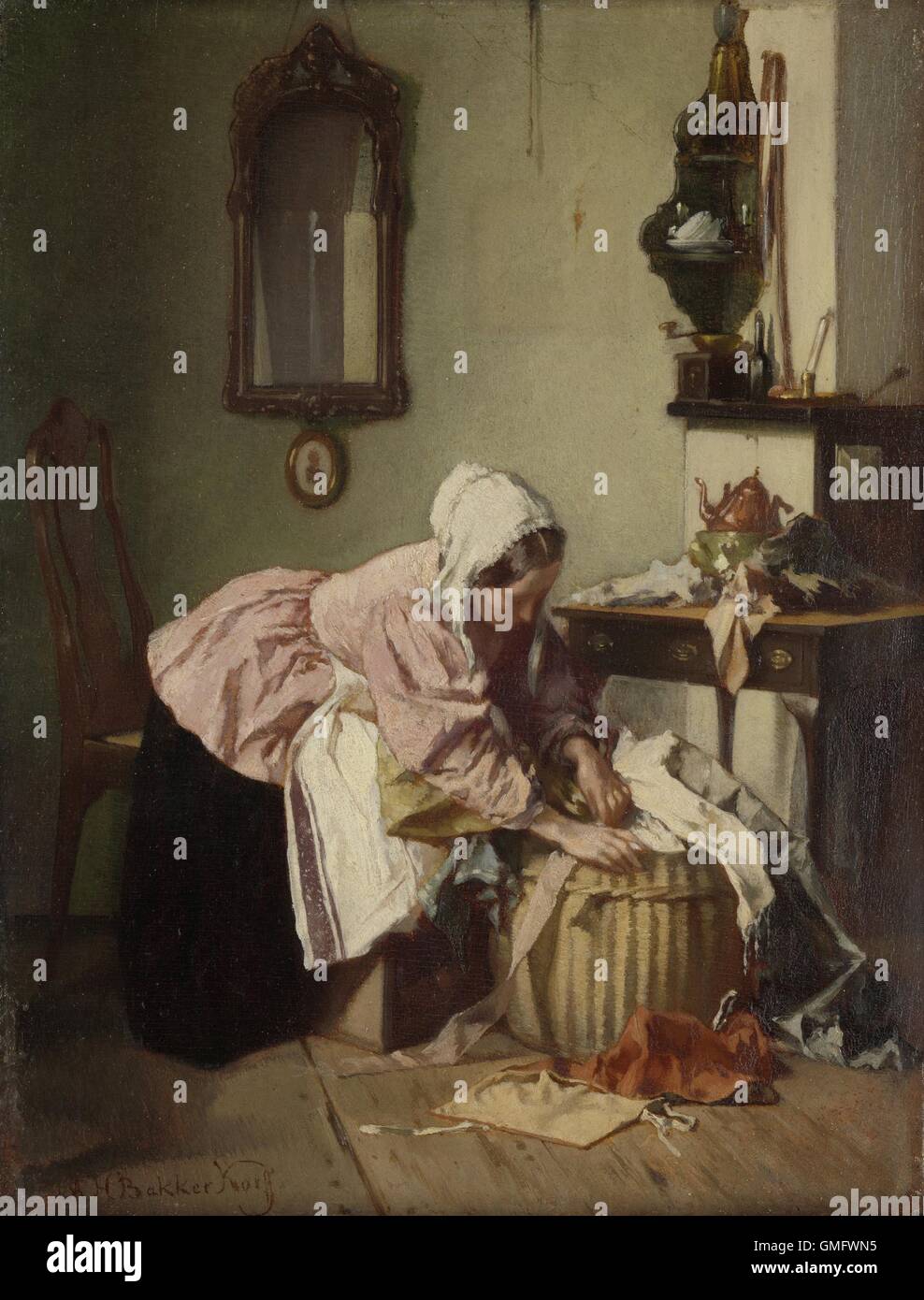 The Rag Basket, by Alexander Hugo Bakker Korff, c. 1860-1880, Dutch painting, oil on panel. A seated young woman searches 'scrapheap', a basket filled with pieces of cloth. (BSLOC 2016 1 54) Stock Photo