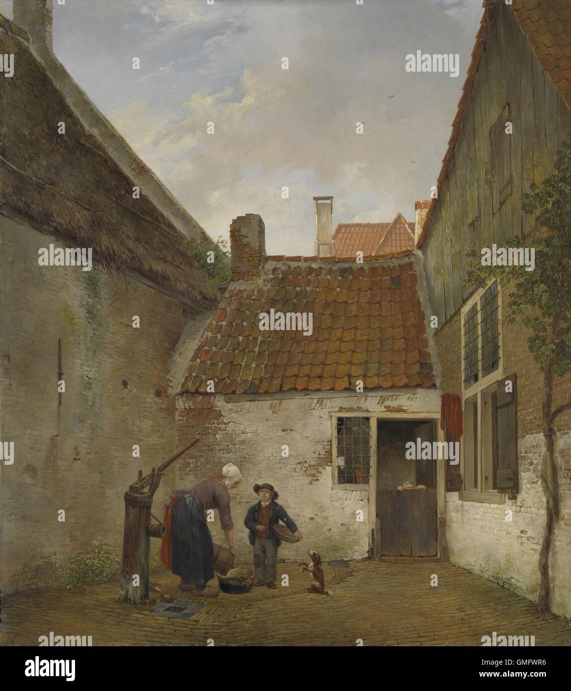 Inner Courtyard, by Andreas Schelfhout, 1820-30, Dutch painting, oil on panel. A woman fills a kettle with water from brick paved courtyard pump. She is engaged with a boy and dog as a small child looks over the half opened Dutch door. (BSLOC_2016_1_72) Stock Photo