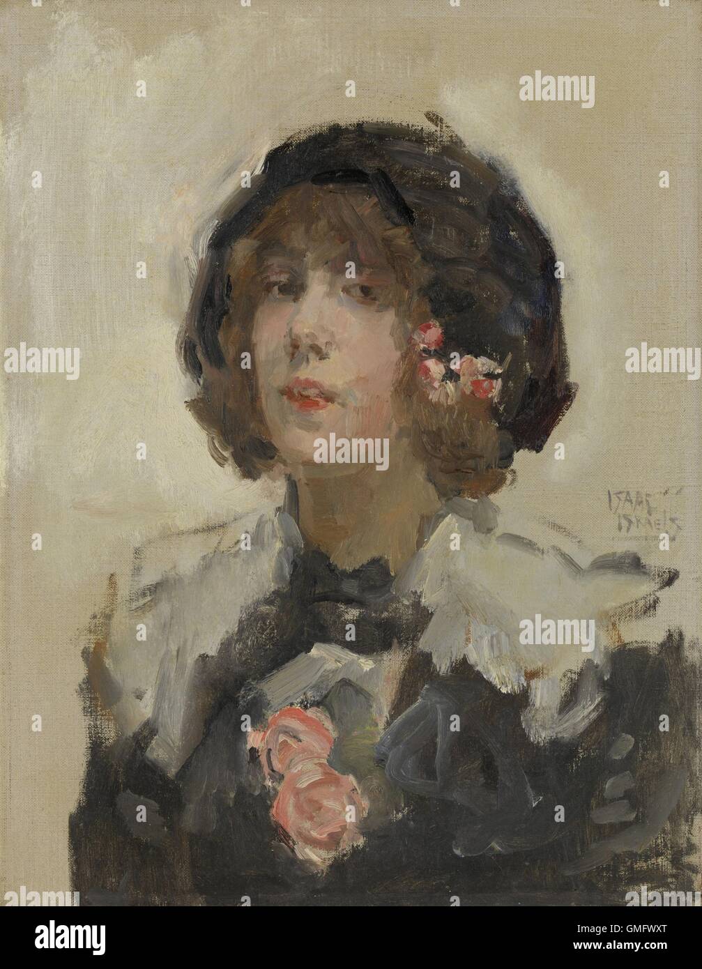 Portrait of a Woman, by Isaac Israels, c. 1900-22, painting, oil on canvas. Impressionist portrait of a woman with pink flowers Stock Photo