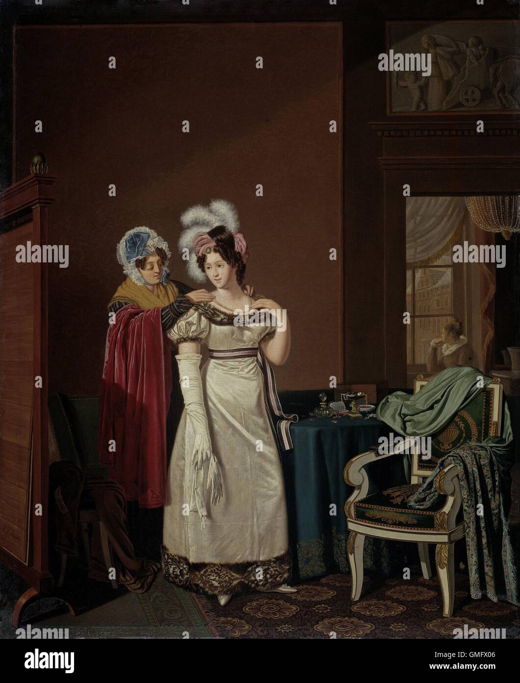 The Toilet, by Jan Lodewijk Jonxis, 1830-50, Dutch painting, oil on panel. Interior in which a woman dressing in front of a mirror with the assistance of a servant. On right another woman looks out a window (BSLOC 2016 2 117) Stock Photo