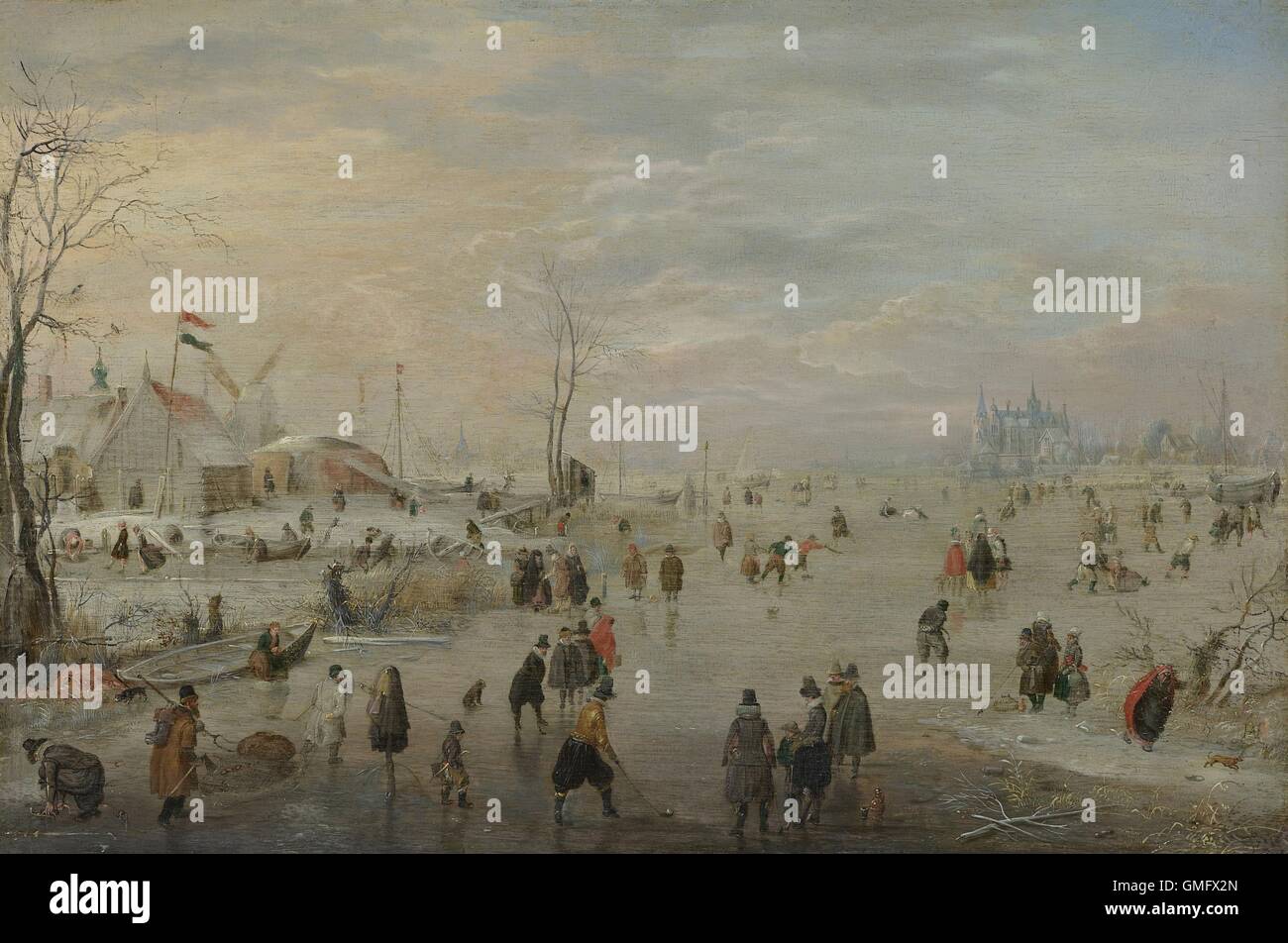 Enjoying the Ice, by Hendrick Avercamp, c. 1615-20, Dutch painting, oil on panel. Dutch Golden Age scene with men in foreground Stock Photo