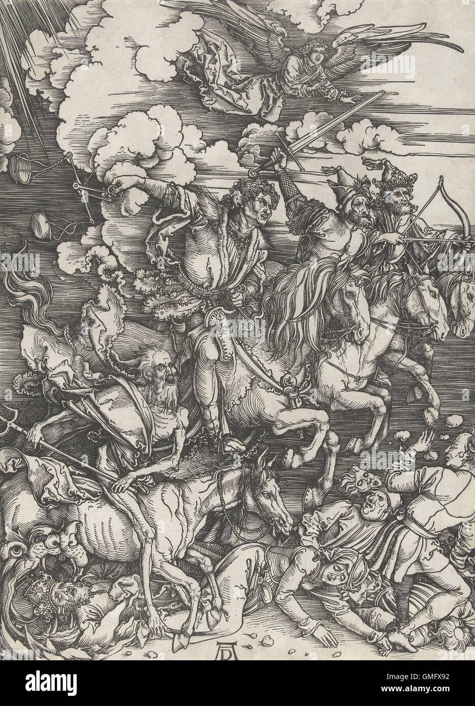 Four Horsemen of the Apocalypse, by Albrecht Durer, 1497-98, German print, wood engraving. Four men on horses armed with a bow and arrow, a sword, balance scales, and a pitchfork, trampling people (BSLOC 2016 2 180) Stock Photo
