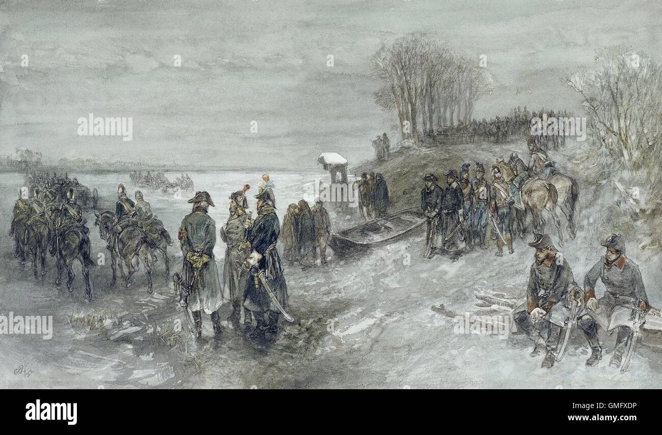 French Forces Advance Over a Frozen River, by Charles Rochussen, 1888, Dutch watercolor painting. French invasion of Holland in 1795 during the Napoleonic Wars (BSLOC 2016 2 211) Stock Photo