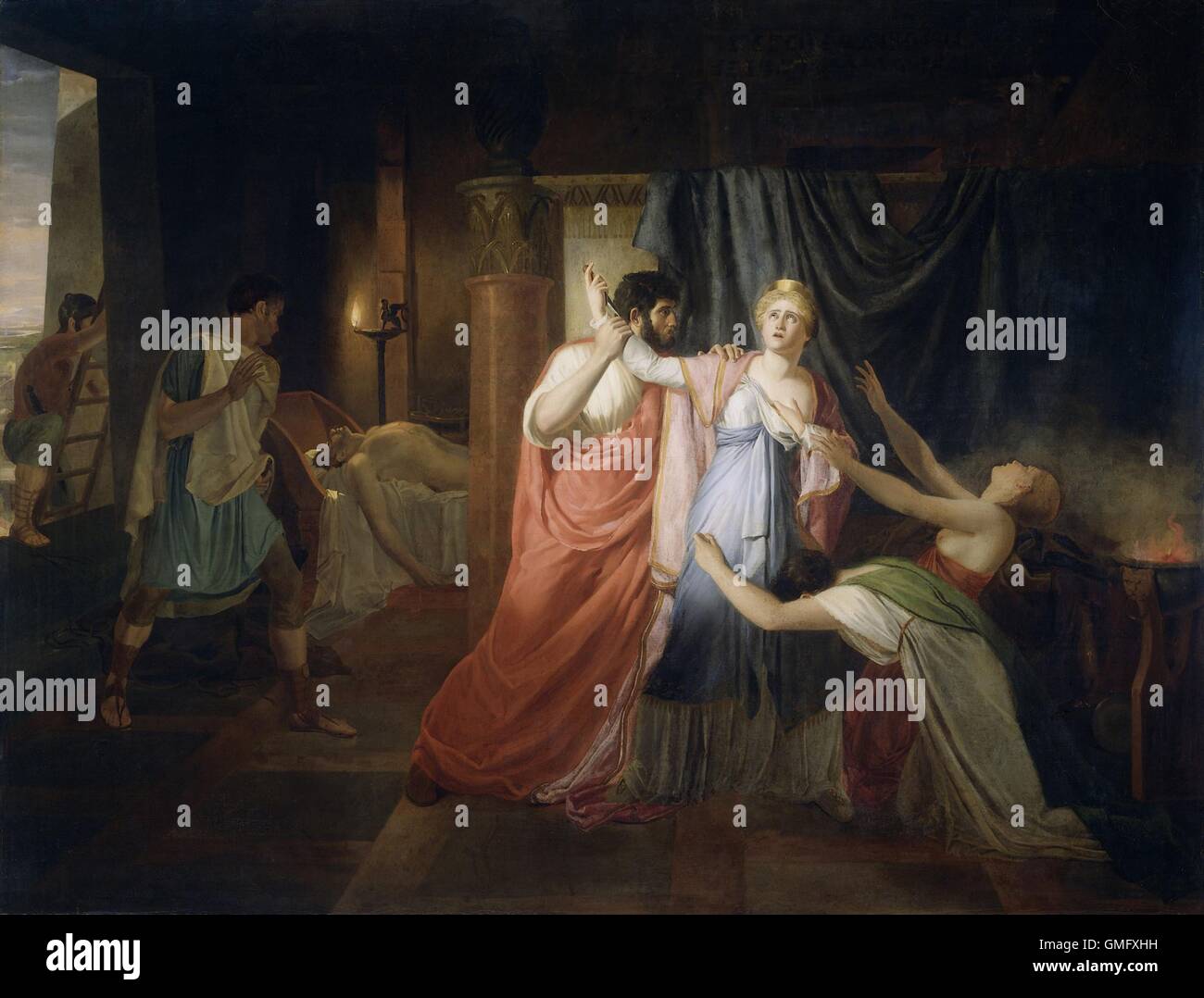 Proculeius Preventing Cleopatra from Stabbing Herself, by Joannes Echarius Carolus Alberti, 1810, Dutch painting, oil on canvas. In the background is Mark Anthony, who Cleopatra assumes is dead (BSLOC 2016 2 242) Stock Photo