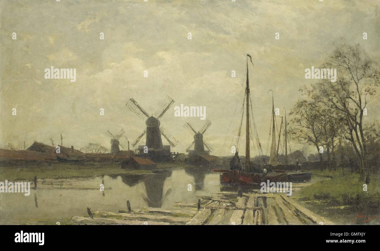 Waterway near the Baarsjes, Amsterdam, by Jan Hillebrand Wijsmullerm, 1880-1901, Dutch painting, oil on canvas. Three windmills near the waterfront (BSLOC 2016 2 25) Stock Photo