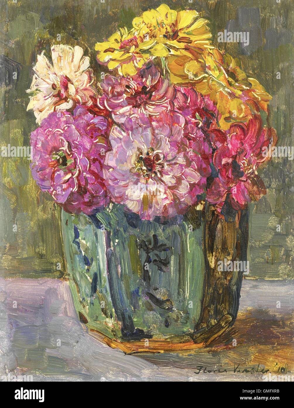 Still Life with Zinnias in a Ginger Pot, by Floris Verster, 1910, Dutch painting, oil on panel (BSLOC 2016 2 286) Stock Photo