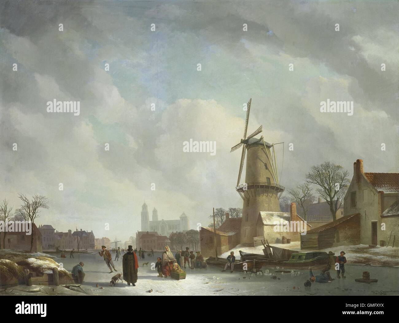 Frolicking on a Frozen Canal in a Town, Abraham Couwenberg, 1830-37, Dutch oil painting on canvas. Men, women, and children walk, push sleds, and skate on ice in winter. Windmill dominates foreground with distant cathedral (BSLOC 2016 2 5) Stock Photo
