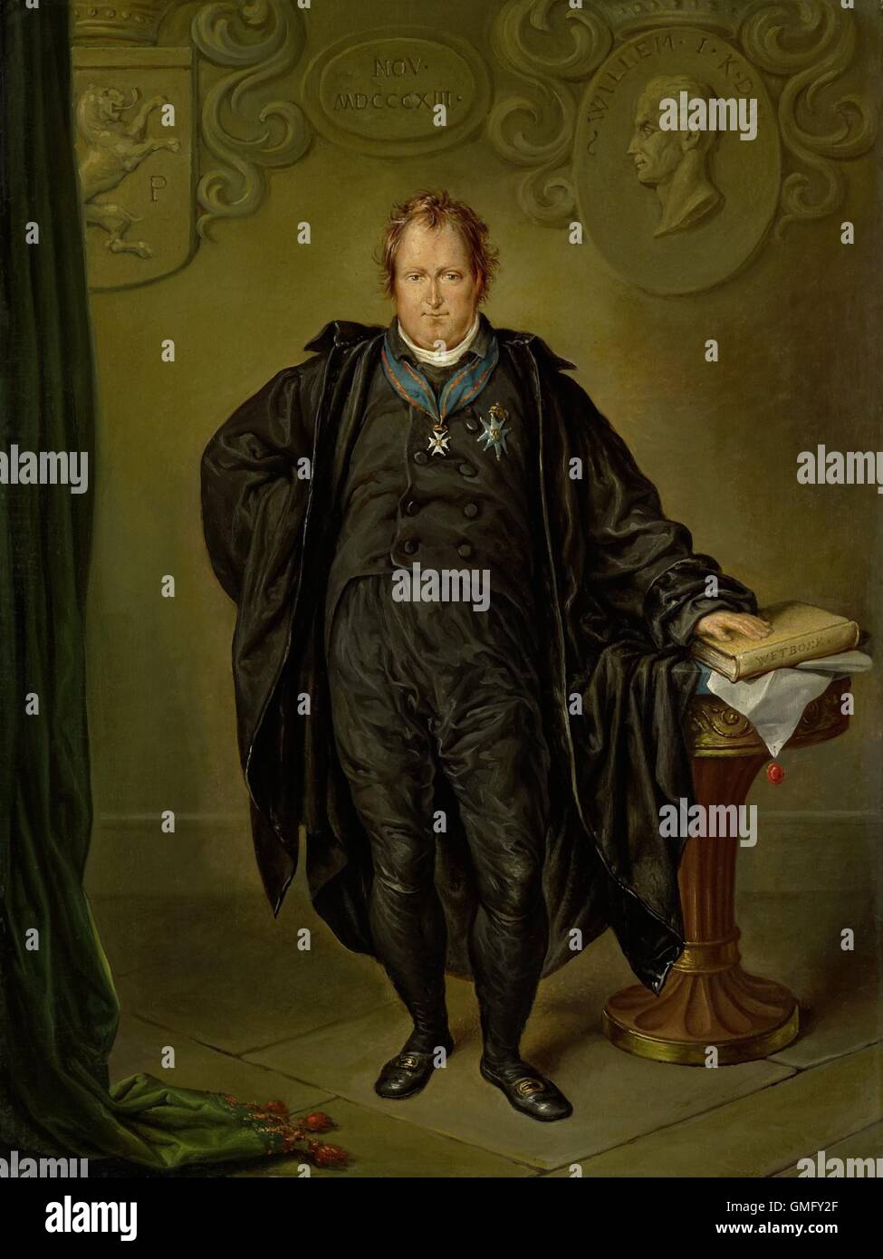 Portrait of Johan Melchior Kemper, Lawyer and Statesman, by David Pierre Giottino Humbert de Superville, c. 1815, Dutch painting, oil on panel. He wears insignia of Commander of the Order of the Dutch Lion. On the wall is a relief portrait of King William I (BSLOC 2016 2 67) Stock Photo