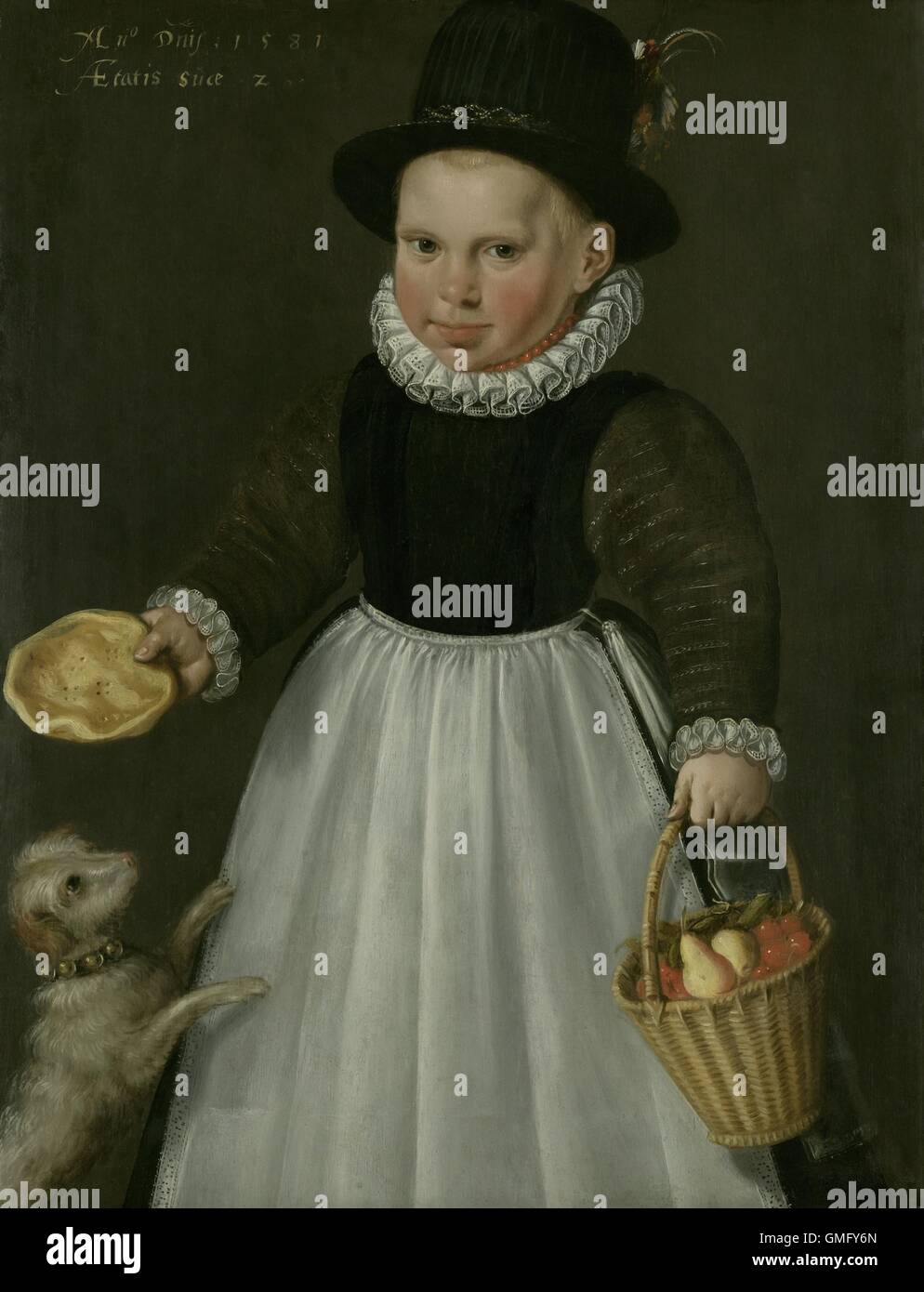 Portrait of a Little Boy, by Jacob Delff (I), 1581, Dutch painting, oil on panel. He holds a basket of fruit and a cake, while a dog jumps on him. Like most little boys of the time, he wears a skirt. At around age seven he will wear his first breeches (BSLOC 2016 3 100) Stock Photo