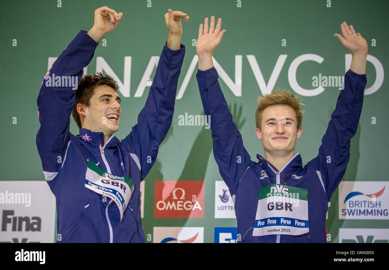 Chris Mears and Jack Laugher, Great Britain, celebrate their silver medal FINA/NVC Diving World Series in London on May 1, 2015. Stock Photo