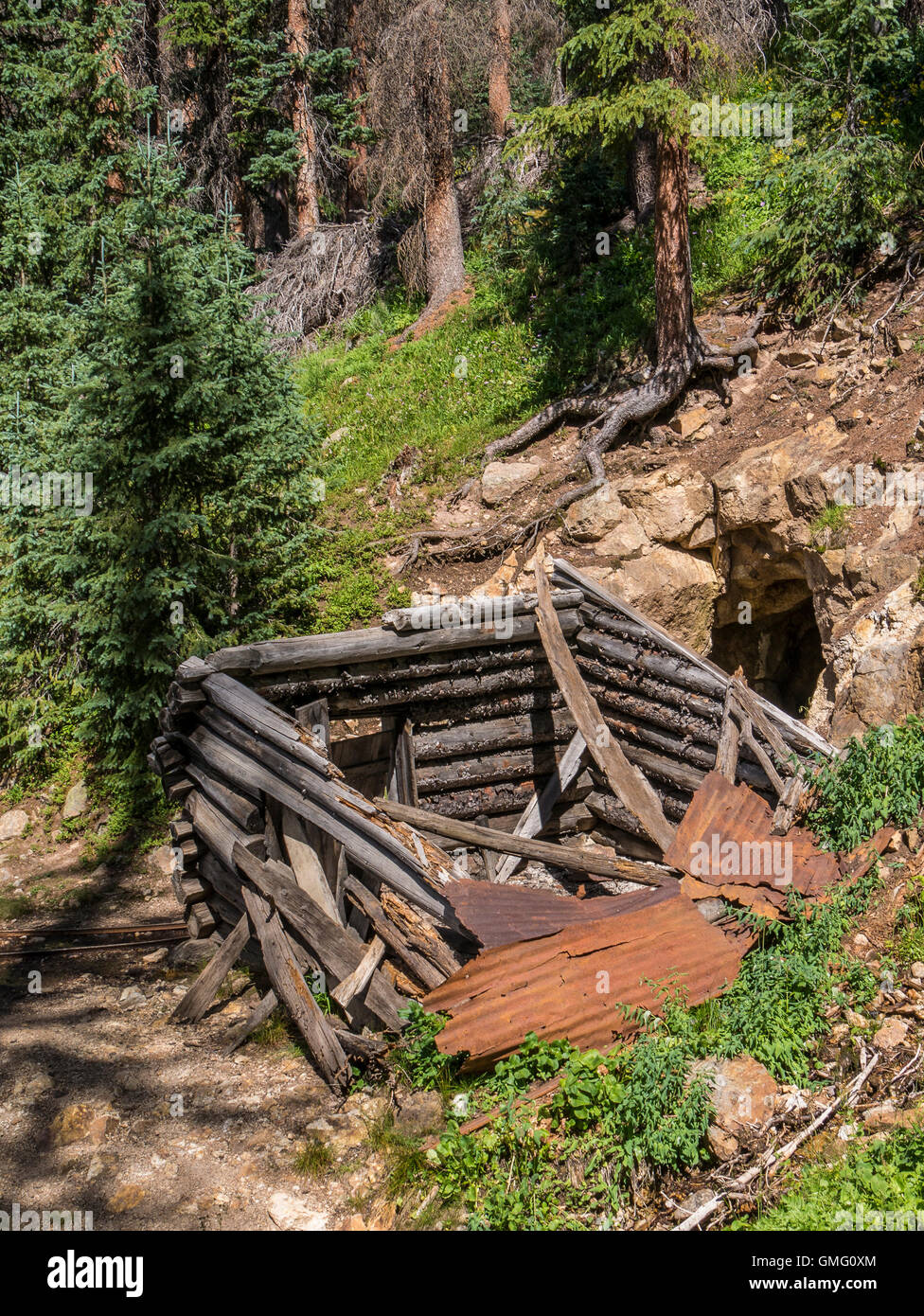 Mine Tunnel And Log Cabin Columbine Pass Trail Weminuche Stock