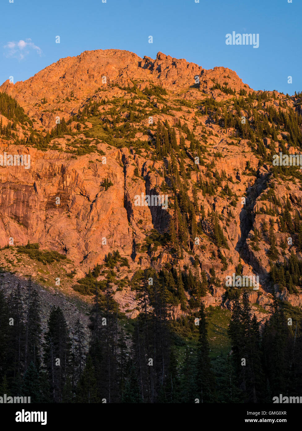 Peak and moon, sunset, Chicago Basin, Weminuche Wilderness, San Juan National Forest, Colorado. Stock Photo