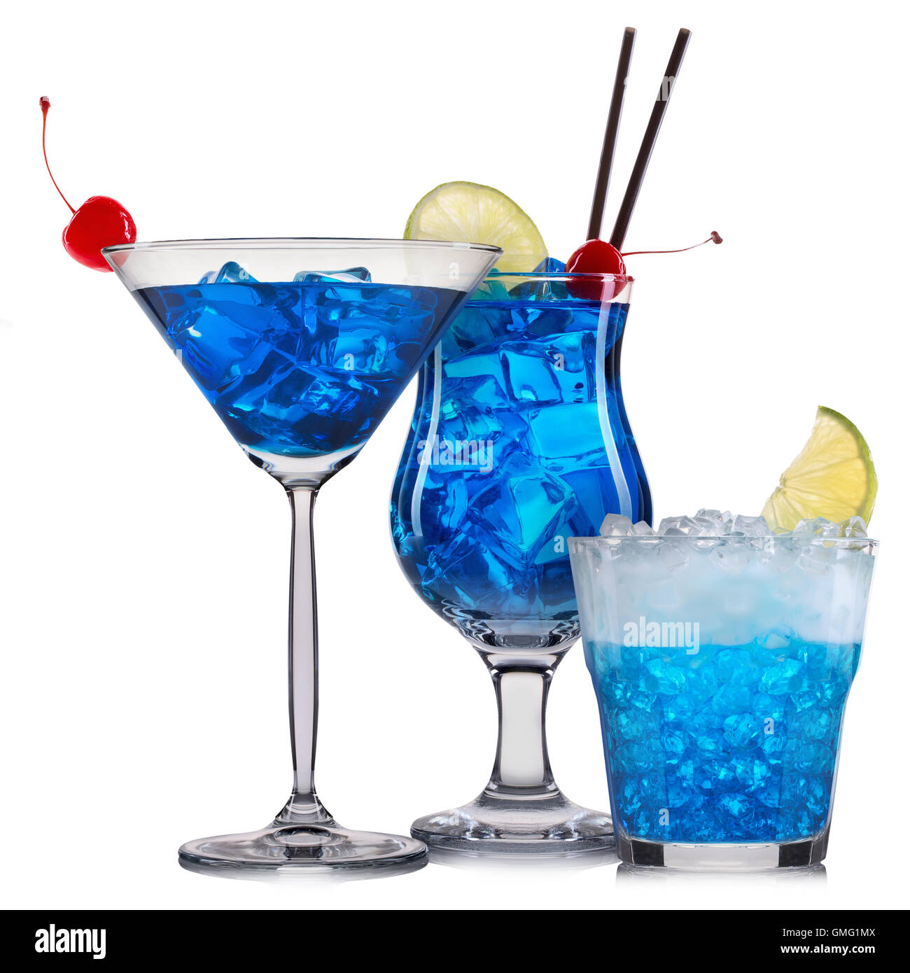 Set blue cocktails with fruits isolated on white Stock Photo