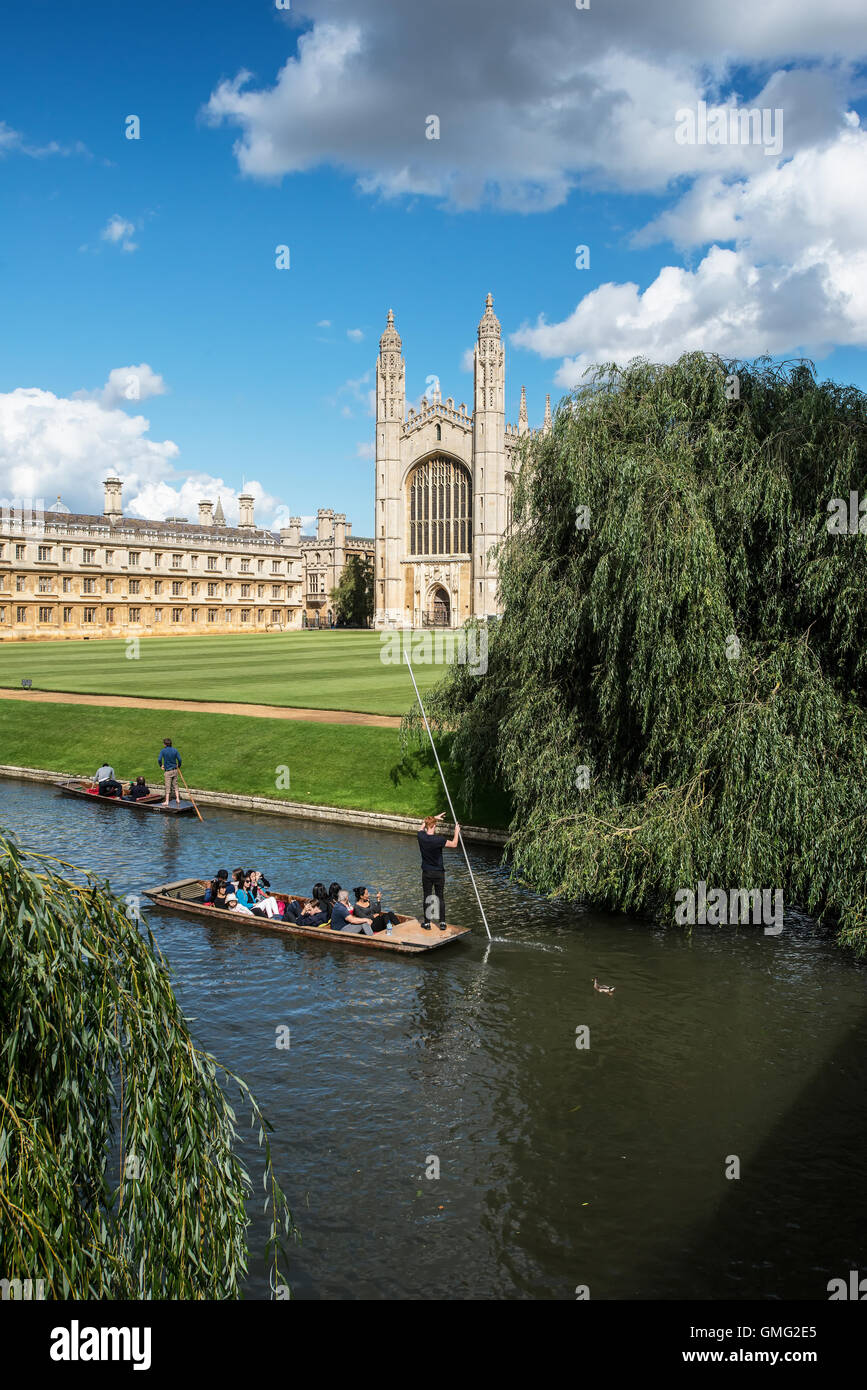 Kings College Cambridge UK River Cam with punts summer clouds tourist area tourist spot willow trees grass ancient university Stock Photo