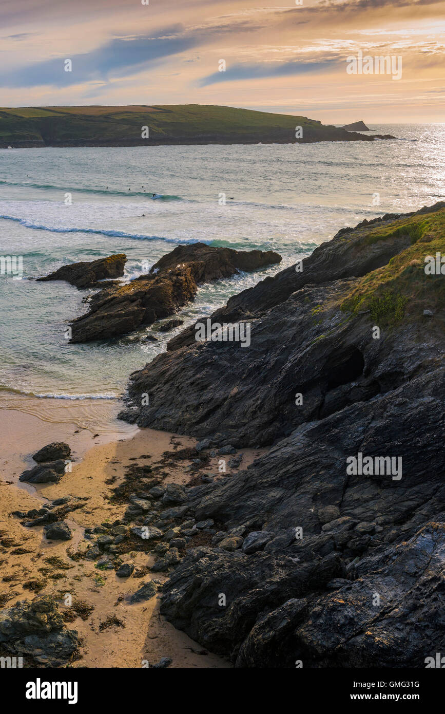 Sunset over West Pentire in Newquay, Cornwall. Stock Photo