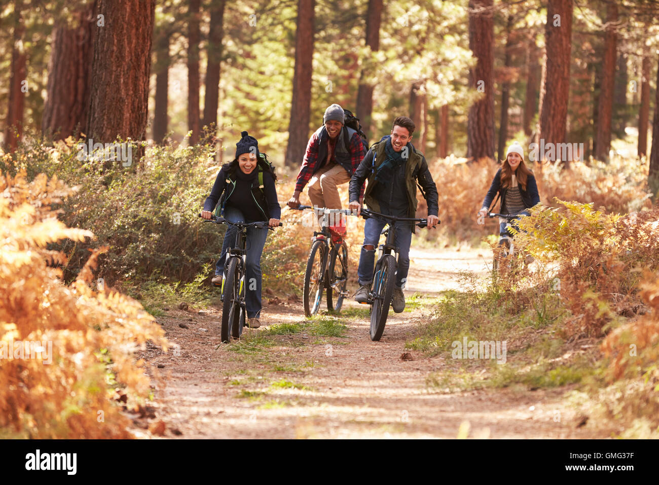 Group Of Friends Riding Bikes On A Forest Path Front View Group Of Friends Riding Bikes On A Forest Path Front View