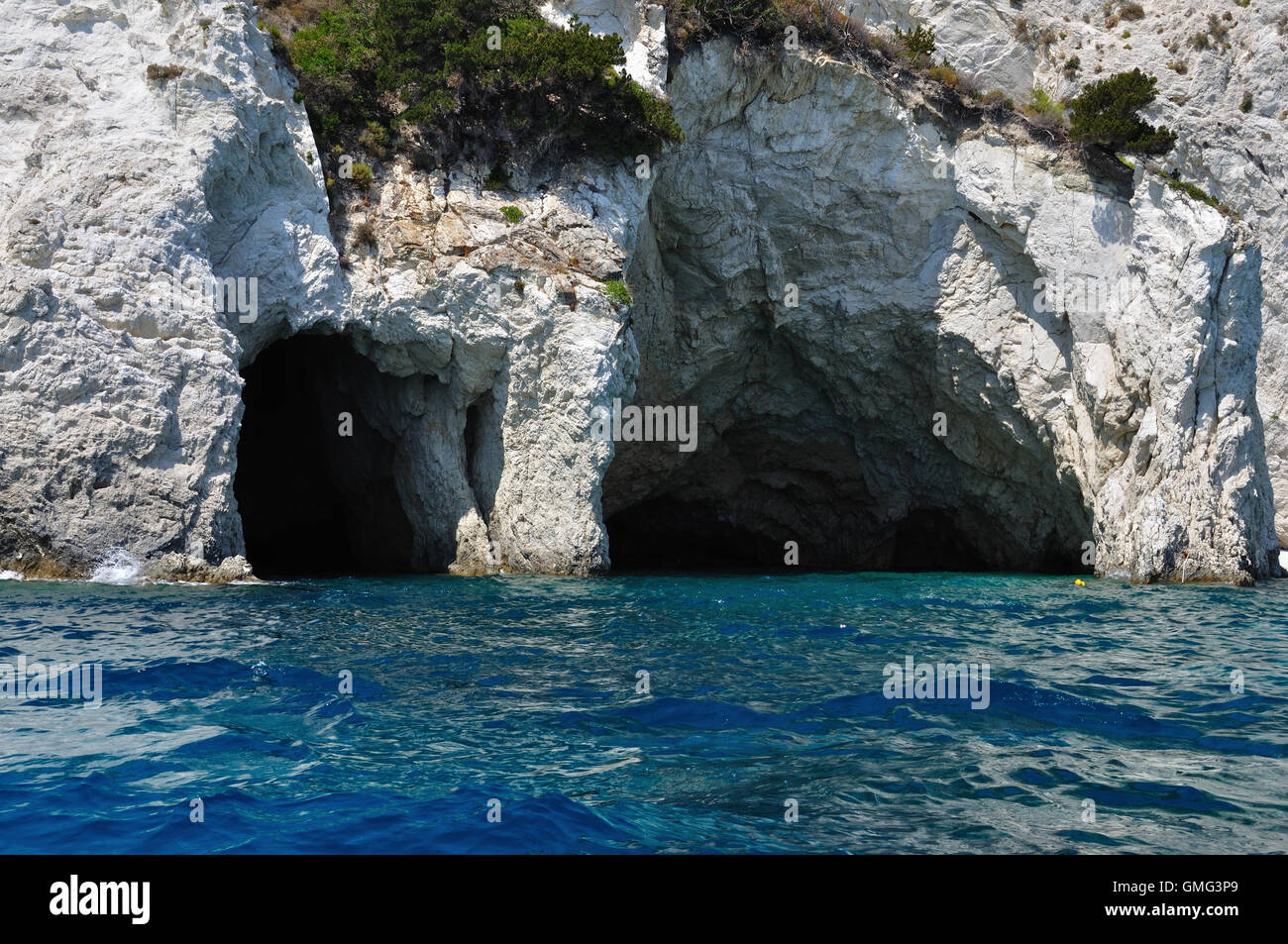 Entrance to two sea caves in Zakynthos, Greece. Stock Photo