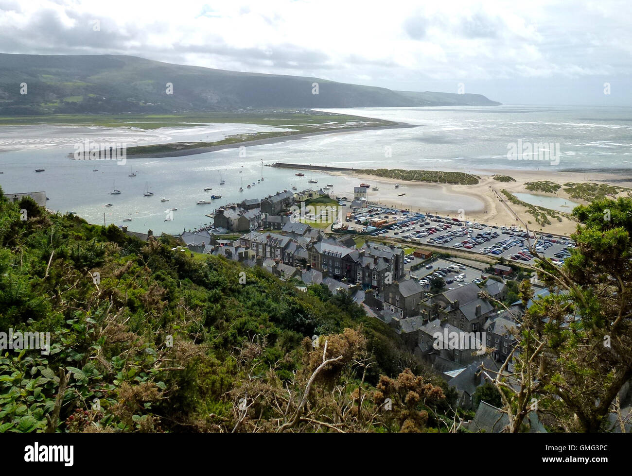 View of Barmouth old town and sea from hills behind, North Wales Stock Photo